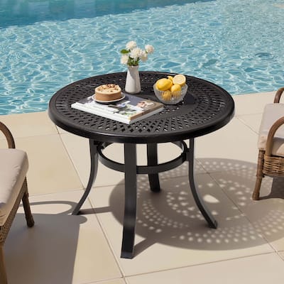 Outdoor Cast Aluminum Patio Side Table Round Table with Umbrella Hole - 24.02" Dia. x 17.52" H