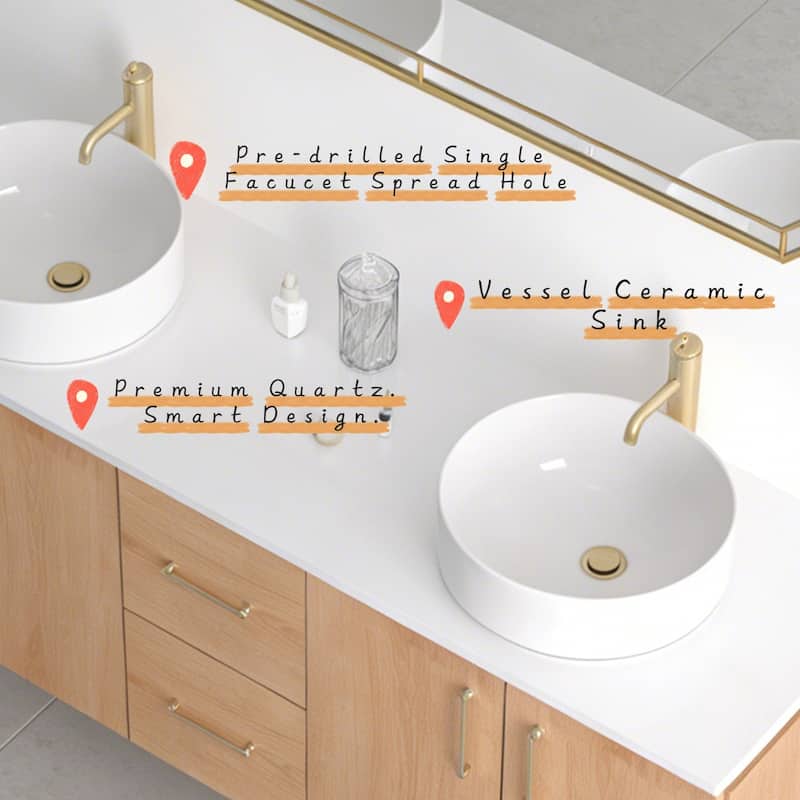 Prismella 60" 72" 84" Floating Vanity with Round Vessel Sink, Quartz Top