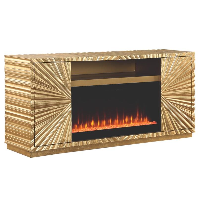 Best Master Furniture 65.5 Inch Distressed Media Console Table with Electric Heater - Gold/Black