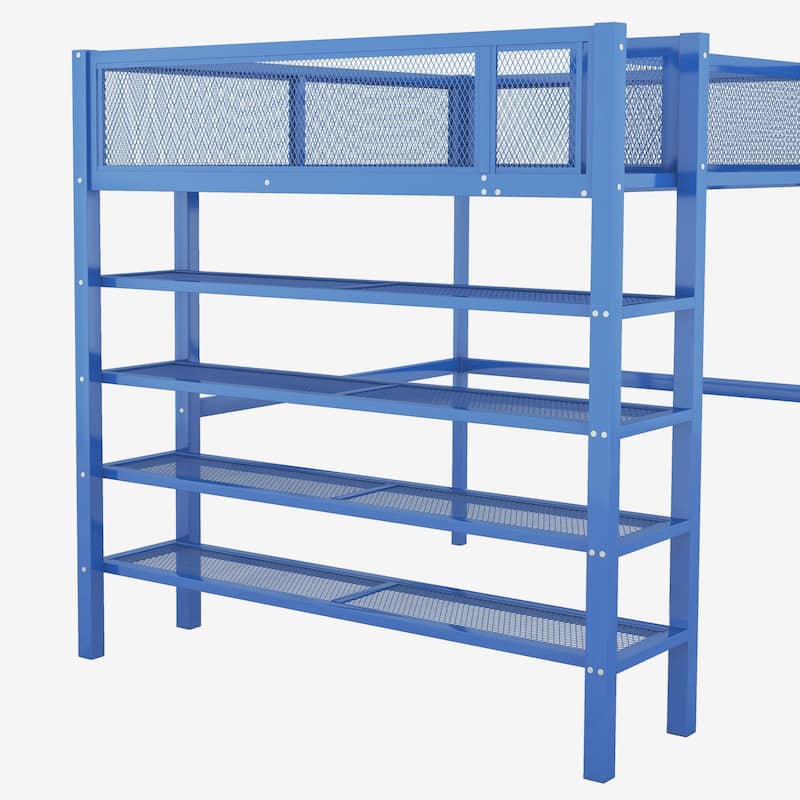 Full Size Metal Loft Bed with 4-Tier Shelves, Workstation, and Full-length Guardrail