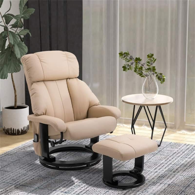 Beige PU Leather Swivel Massage Recliner Chair with Ottoman and 10-Point Vibration Included Remote - 30" W x 31.5" D x 40.25" H