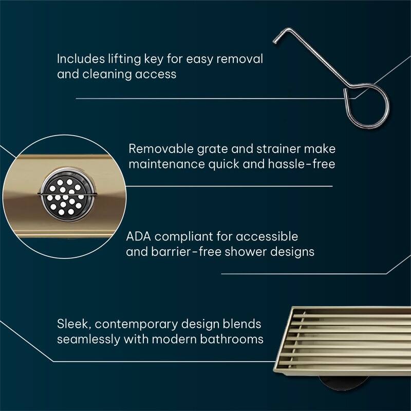 Oceanic Linear Shower Drain, Marine-grade 316 Stainless Steel, Grid Cover with Hair Strainer