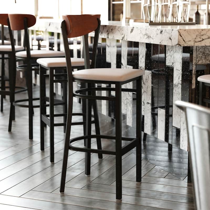 Commercial Metal Barstool with Wood Seat and Boomerang Back