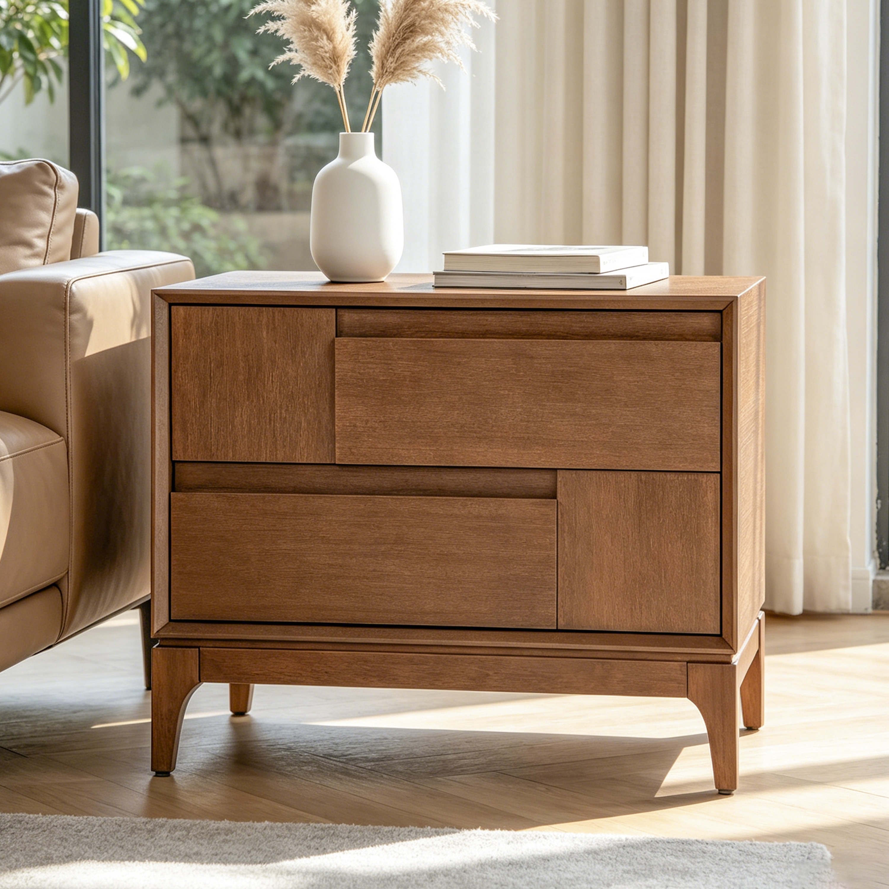 Christopher Knight Home - Modern Mid-Century Nightstand Wood with Asymmetric Geometric Design, 2 Drawers & Tapered Legs