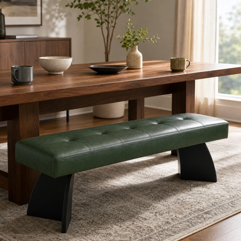 Christopher Knight Home - Solm Modern Indoor Bench, PU Tufted Upholstered Seat & Curved Wood Legs for Dining Room & Living Space