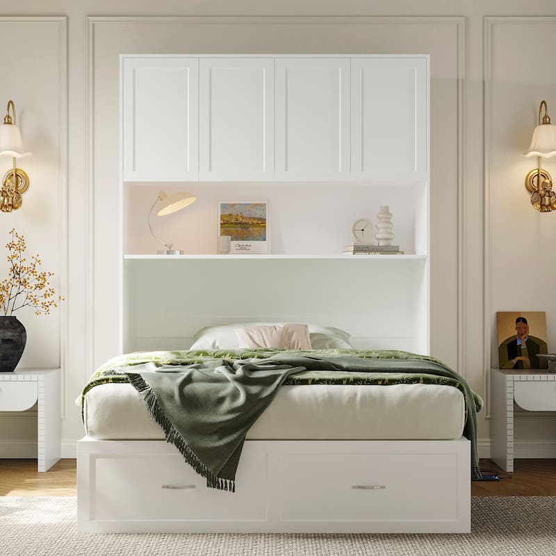 Full Size Storage Bed with Cabinet Convertible Pull Out Platform Bed with Power Outlets