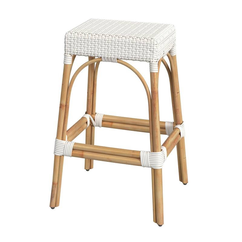Robias Rectangular Rattan 30" Bar Stool - Glossy White/ Natural Rattan Frame