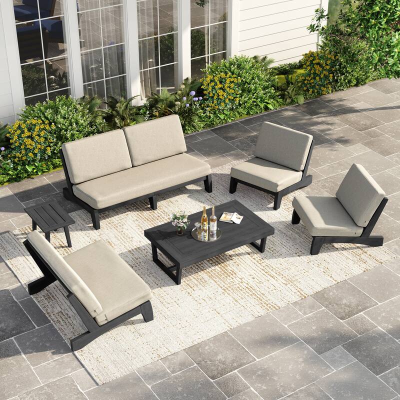 Casual Large Teak Outdoor Patio Conversation Set - Dark Wood - Light Camel-6 Piece