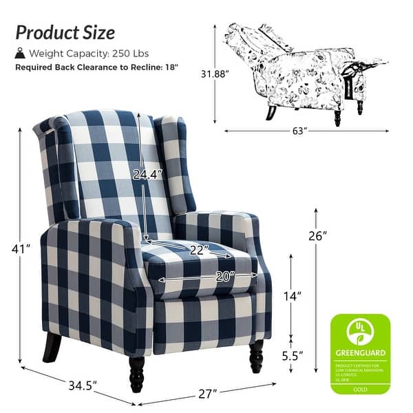 dimension image slide 1 of 9, Damaris Mid-Century Modern Manual Pushback Recliner with Wingback Design by HULALA HOME