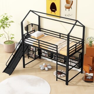 Playhouse Twin Size House Metal Loft Bed with Storage Iron Mesh Shelves and Slide