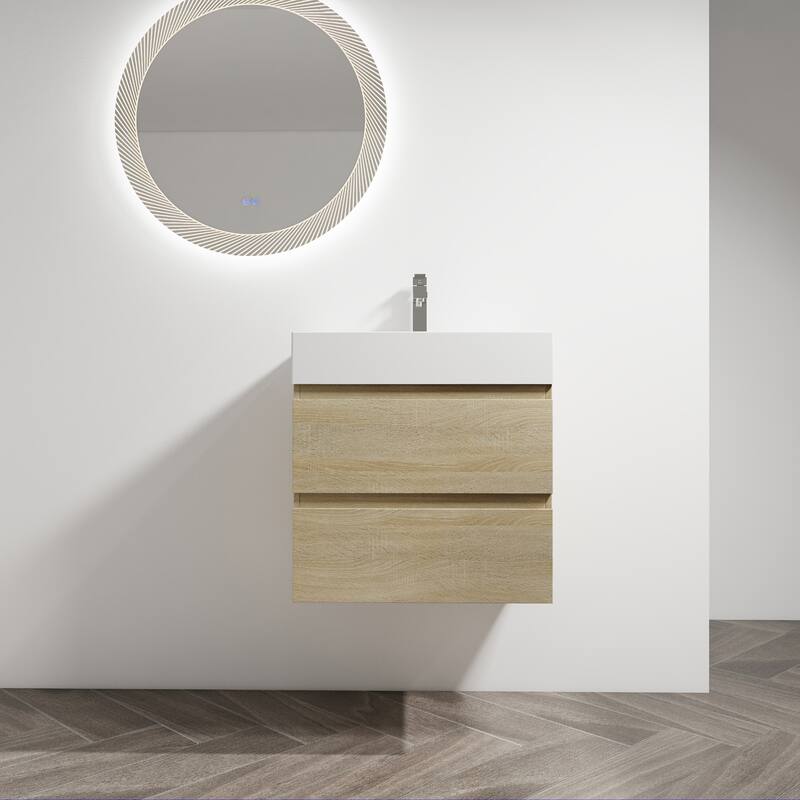24/30/36 Single Sink Wall-Mounted Bathroom Vanity with Integrated Thick Edge Resin Sink - Light Oak - 23.6" x 18.13" x 24.44"