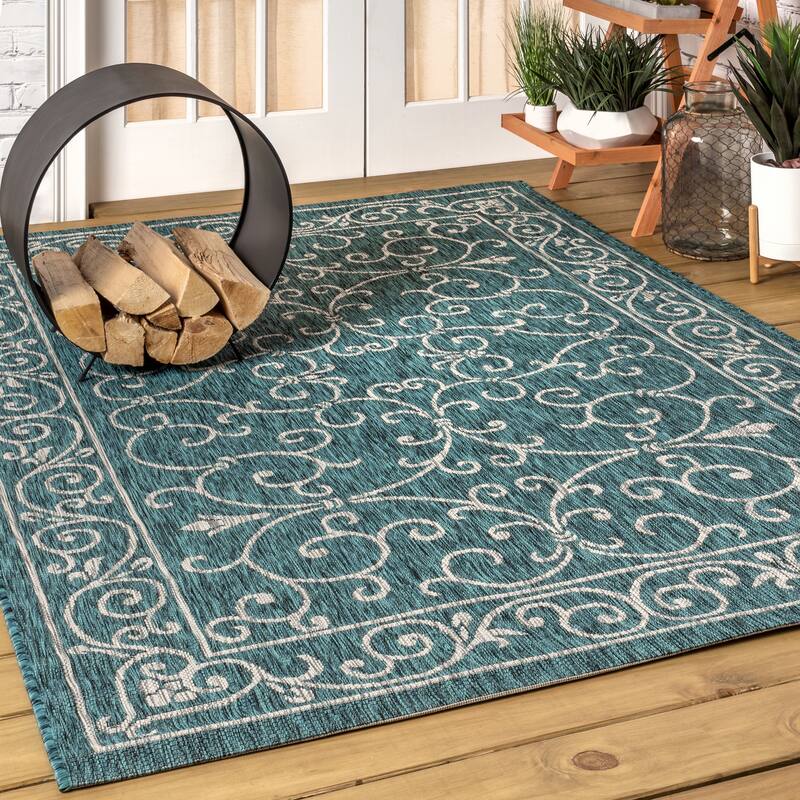 JONATHAN Y Filigree Textured Weave Indoor/Outdoor Area Rug - 6' x 9' - Teal/Gray