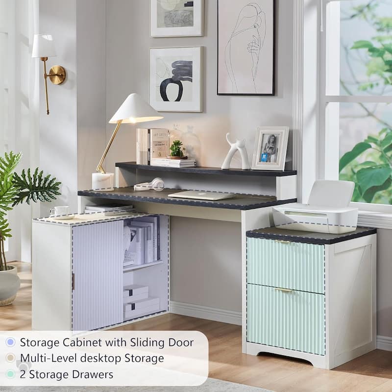 67" Modern L Shaped Desk, Wood Home Office Desk with Charging Station