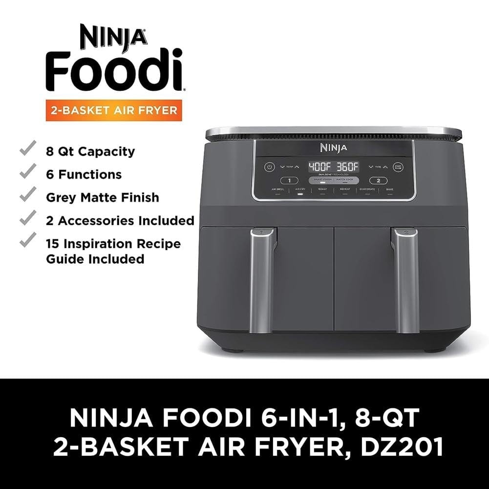 Ninja DZ201 Foodi 6-in-1 2 Basket Air Fryer with DualZone Technology, 8  Quart Capacity and a (Dark Gray Stainless Finish)- Refurbished 