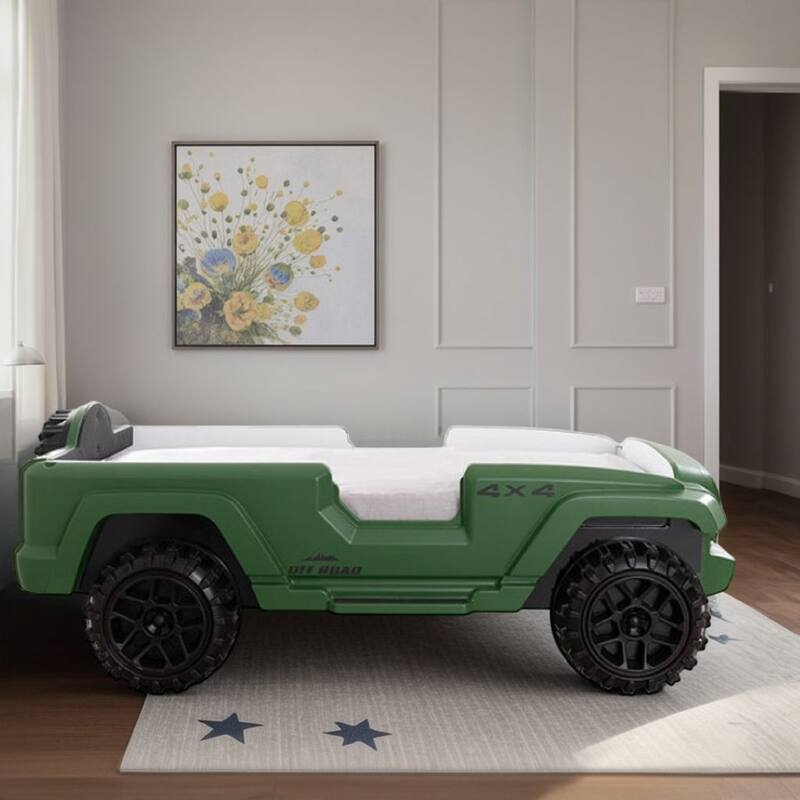 Randy SUV Twin Bed with Lights and Sound Effects, Green Faux Leather