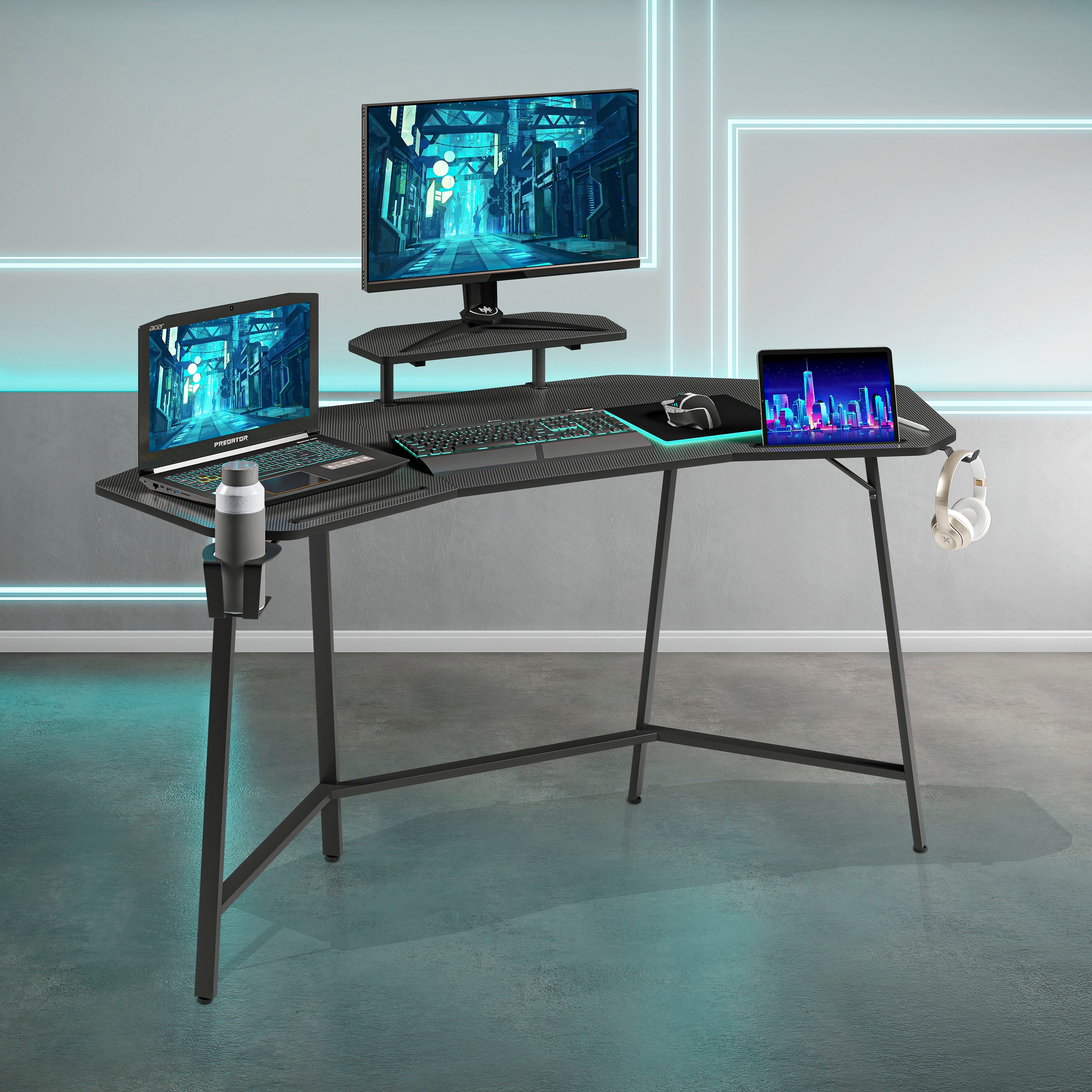 Techni Sport TS98D Gaming Desk with Shelf & Accessory Holders, Black 