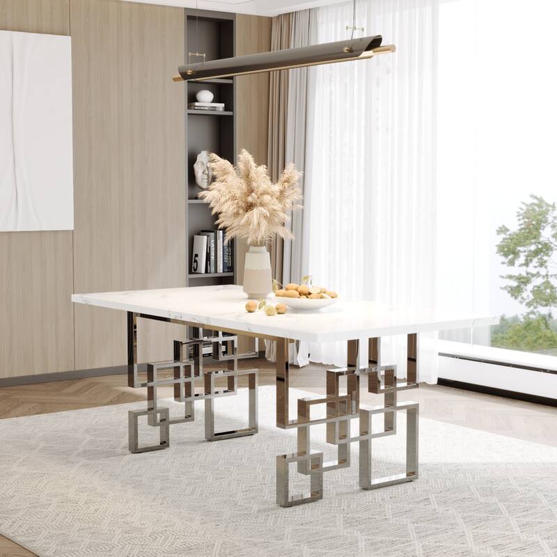 Faux Mable Dining Table Set with White Boucle and High Back Chairs