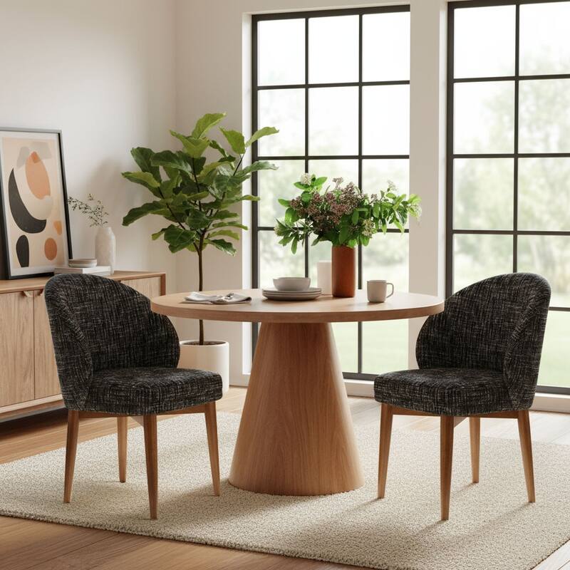 Upholstered Barrel Dining Chair With Walnut Legs (Set of 2) - Black