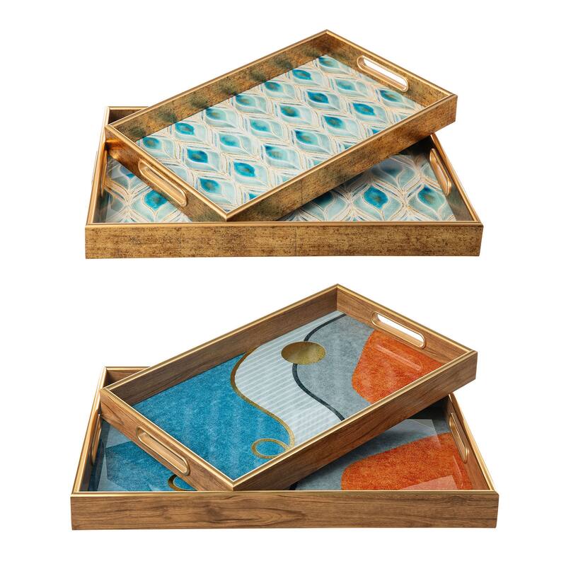 Glitzhome Set of 2 Rectangle Wooden & Plastic Decorative Trays with Handles - 4PC Abstract & Feather