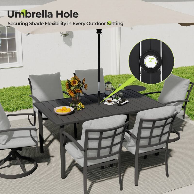 IvyGlow 7-Piece Black Metal Patio Dining Set with Rectangular Table, 2 Swivel Dining Chairs and Gray Cushions