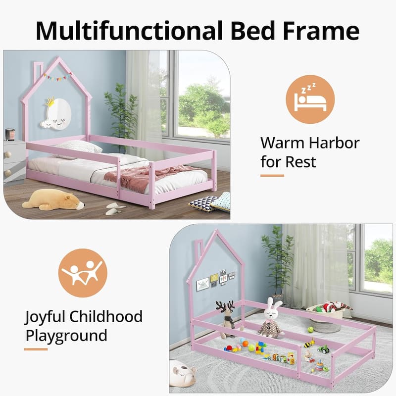 Twin Size House-Shaped Headboard Floor Bed with Fences