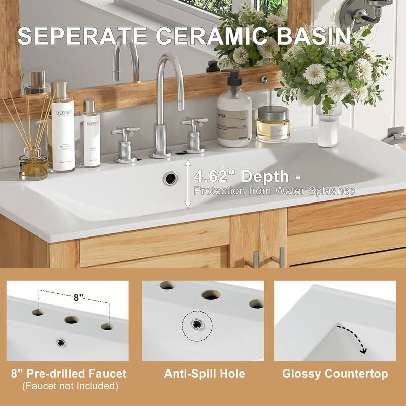 Roomfitters 30" Antique Bathroom Vanity with Ceramic Sink, Mid-Century Cabinet with Soft-Close Doors, Antique Natural