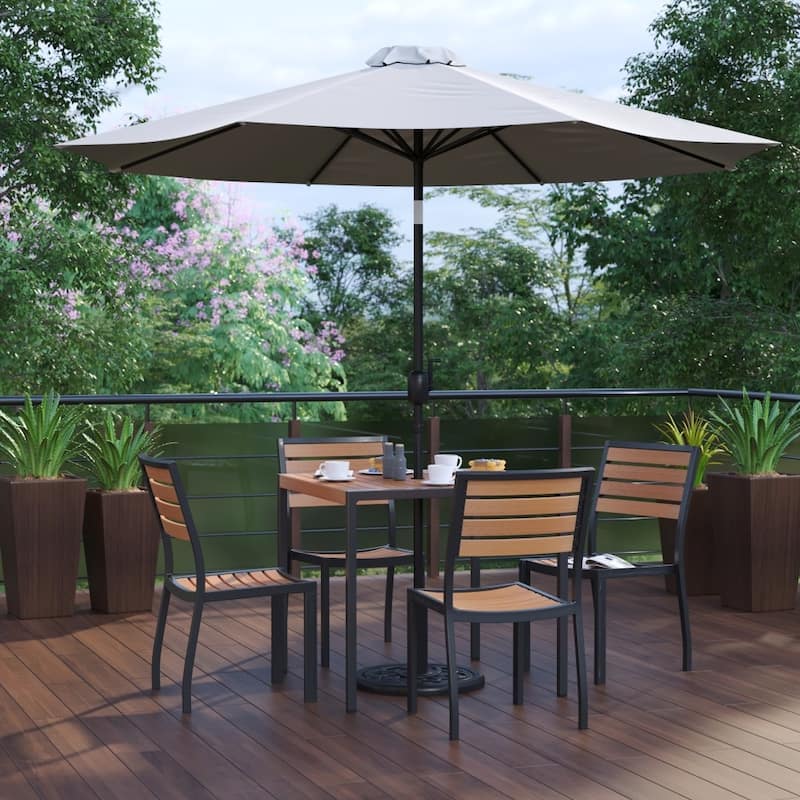 Faux Teak Patio Table, 4 Chairs & 9FT Patio Umbrella with Base - Gray