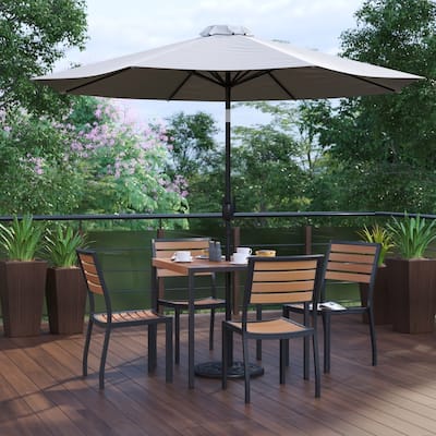 Faux Teak Patio Table, 4 Chairs & 9FT Patio Umbrella with Base