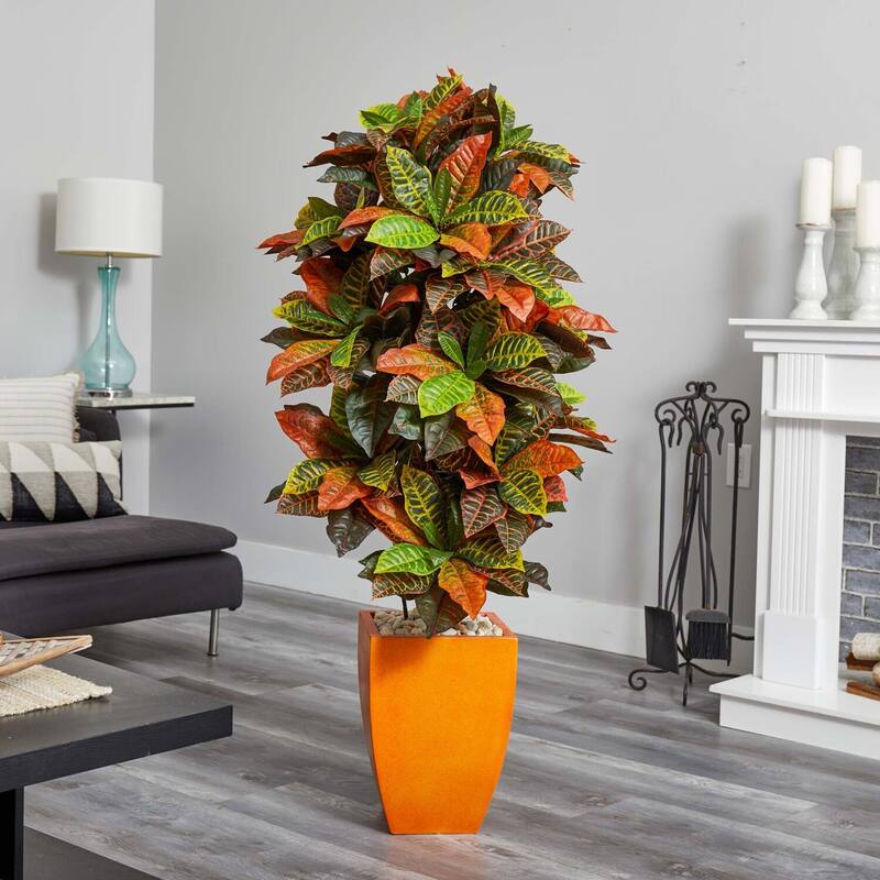 5.5ft Croton Artificial Plant with Real Touch Variegated Leaves in Retro Orange Planter for Home Decor - Green