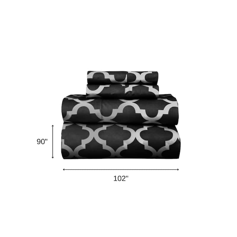 Four Piece Black and White Quatrefoil Microfiber Queen Sheet Set