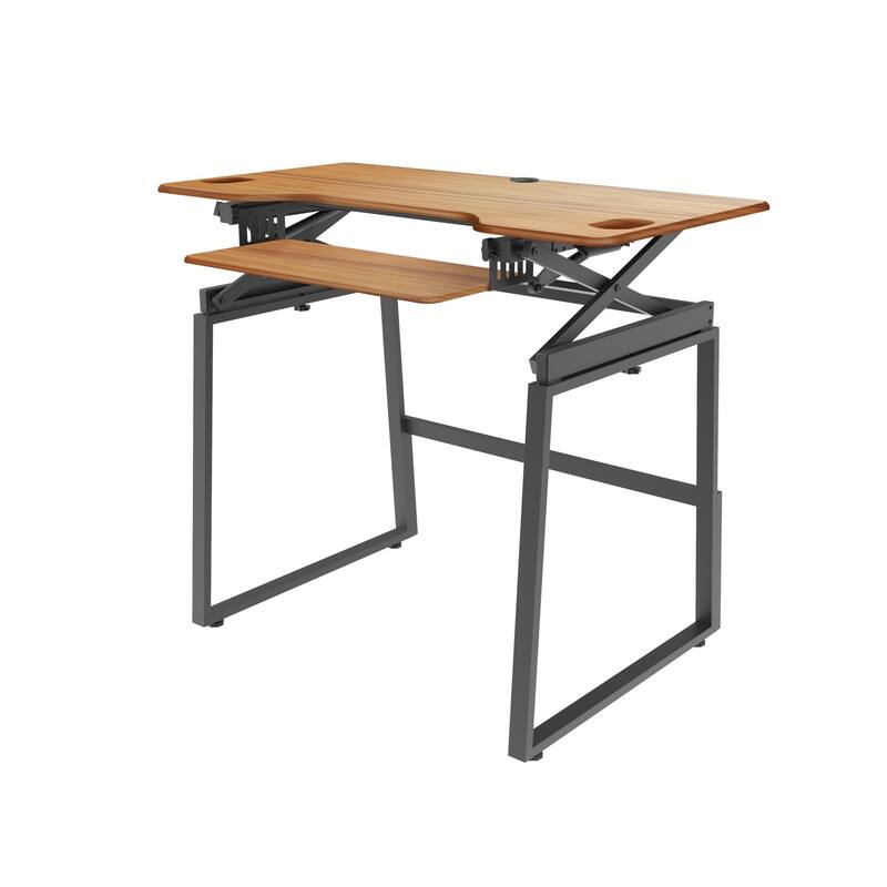 Rocelco 46 in.W Beige Height Adjustable Standing Desk Dual Monitor Riser Gas Spring Assist Computer Workstation Keyboard Tray