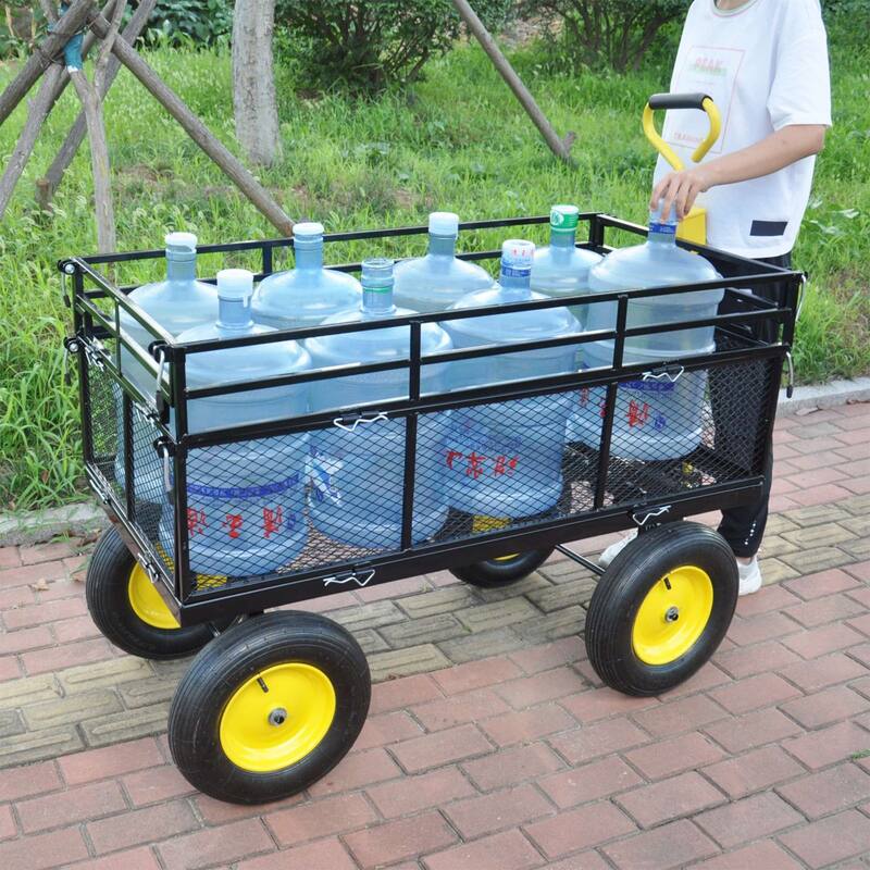 Large multifunctional cart with 880 lbs capacity and pneumatic tires, suitable for farms and lawns.