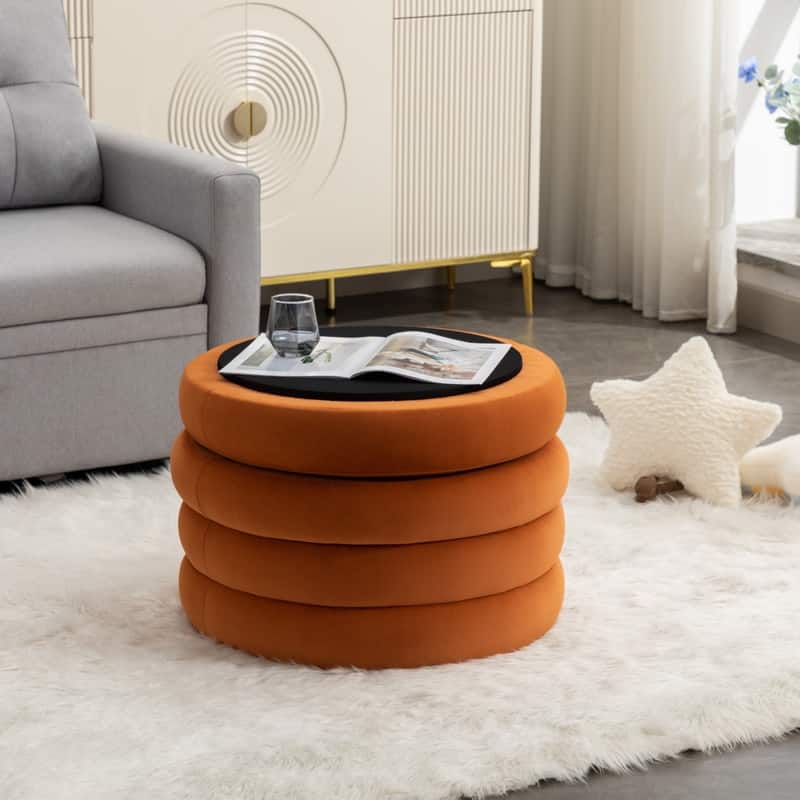 Velvet Fabric Storage Round Ottoman Footstool With Wooden Shelving