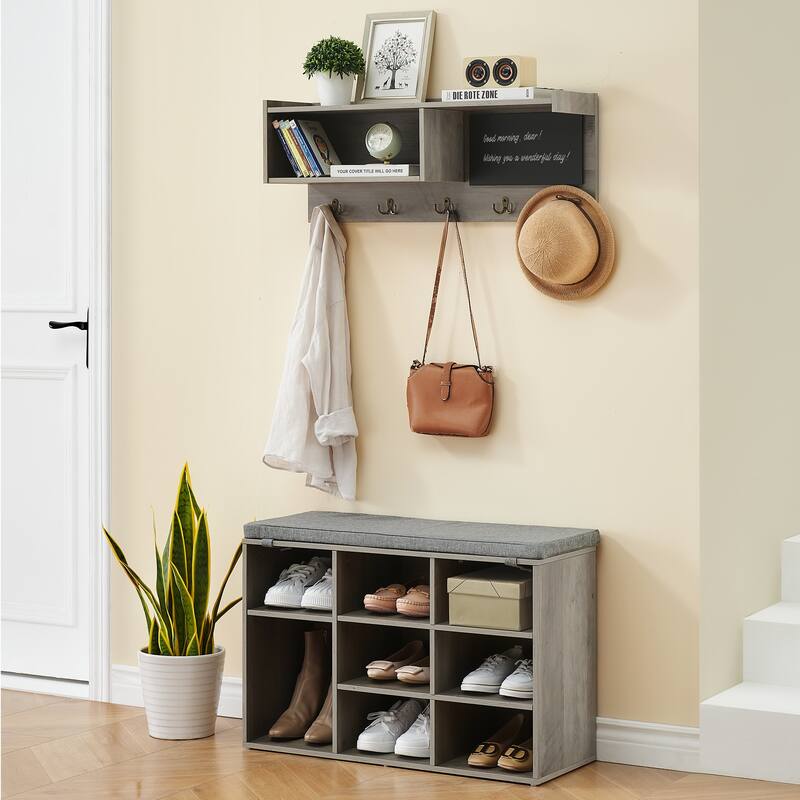Hall Tree Shoe Bench Industrial 6 in 1 Coat/Shoe Rack - Grey - 31.5"