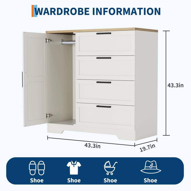43.3'' Small Wardrobe Closet, Wardrobe Cabinet with Door, 4 Drawers and Handing Rod, Wooden Clothes Cabinet