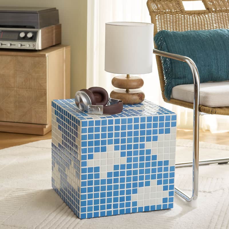SAFAVIEH Home Hikari Cube Accent Table - 16"W x 16"D x 16"H - Light Blue/White