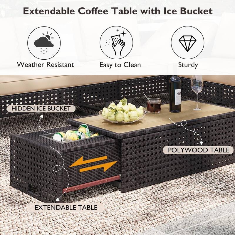 5-Piece Weave Patio Sectional Furniture Set with Extendable Coffee Table with Ice Bucket