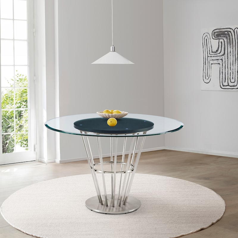 Veronica 48 inch Glass and Walnut Wood Round Dining Table with Metal Base - Silver
