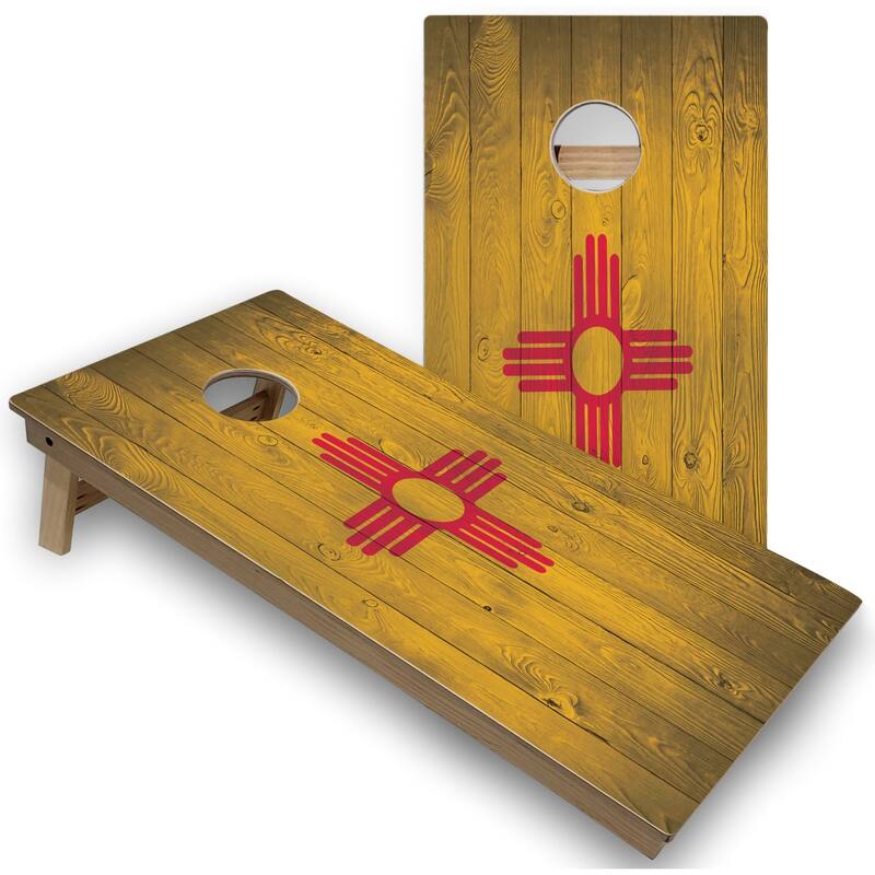 Solid Wood Cornhole Boards - New Mexico Flag Design - Premium 2x4 (24" x 48") - Include Case + Hole Lights