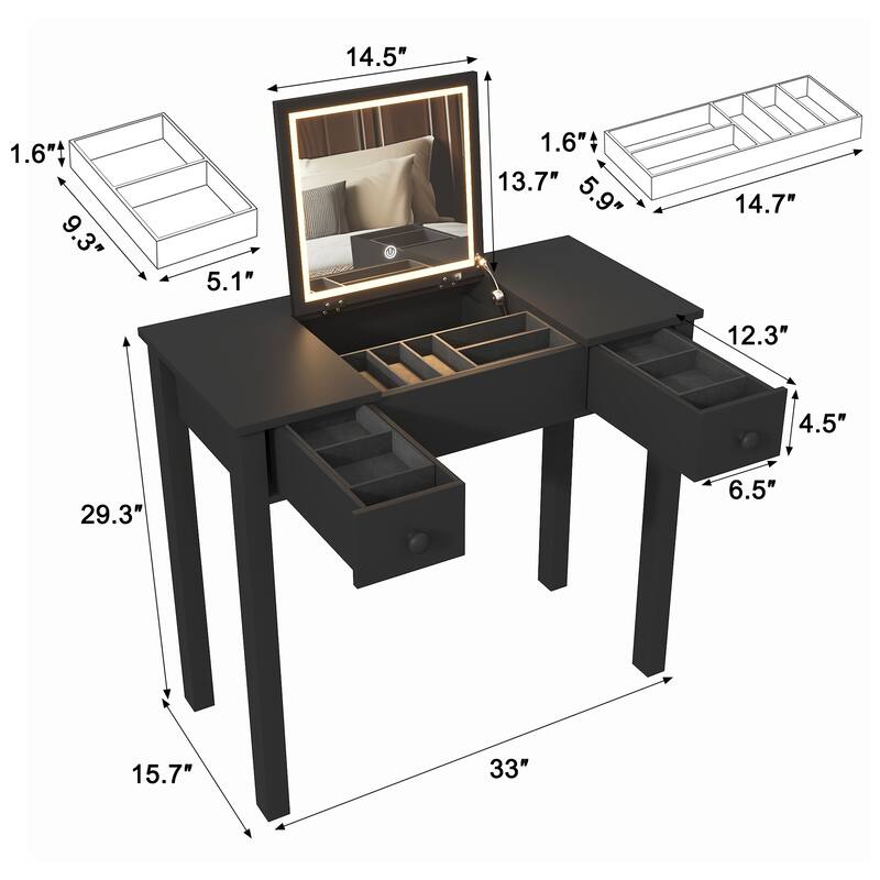 Multifunctional Vanity Desk with Flip-Top Mirror, Adjustable Lighting, 2 Drawers and Removable Storage Boxes