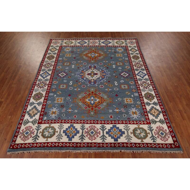 Geometric Blue Kazak Oriental Area Rug Hand-Knotted Wool Carpet - 7'11" x 9'9"