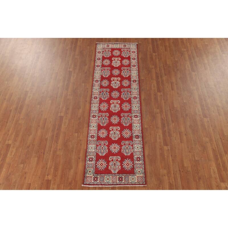 Geometric Kazak Runner Rug Hand-Knotted Traditional Wool Carpet - 2'8" x 9'4"
