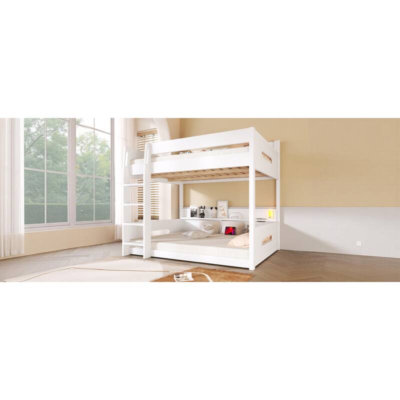 Roomfitters Queen Over Queen Bunk Bed with Storage Shelves and USB Ports