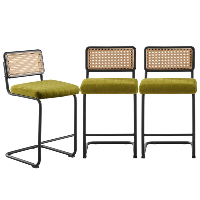 Velvet Upholstered Rattan Counter/Bar Stools, Set of 2/3 - Set of 3 - 26"Black Legs-Olive Green