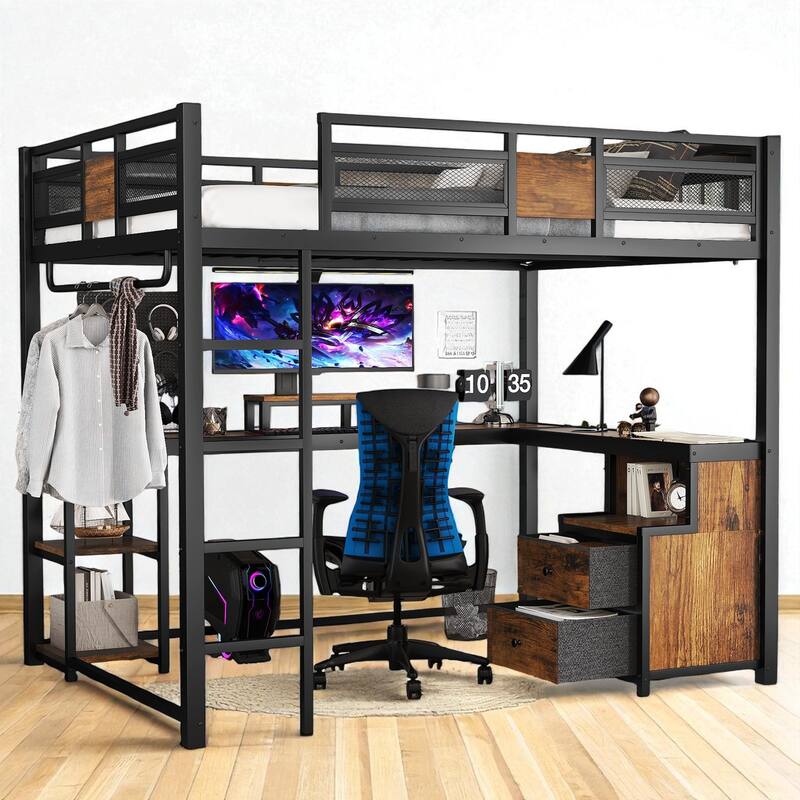 Queen Loft Bed with Desk and Storage Drawers, Metal Loft Bed Frame with Guardrails, Ladder, and Workstation