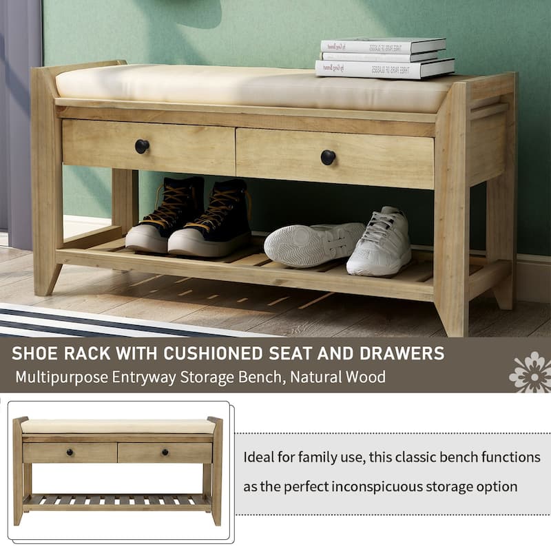 Shoe Rack with Cushioned Seat and Drawers, Multipurpose Entryway Storage Bench (White)