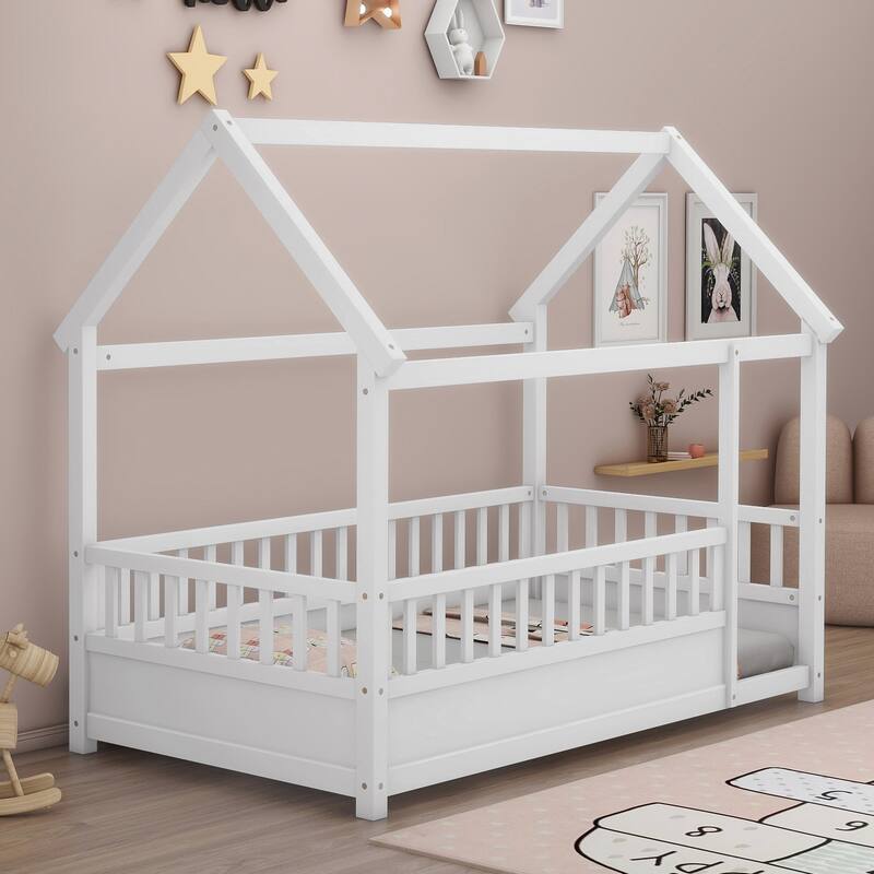 Twin/Full Size Floor Bed Wooden House-shaped Bed Frame with Fence Guardrails & Roof, Twin/Full Size Bed for Kids Boys Girls