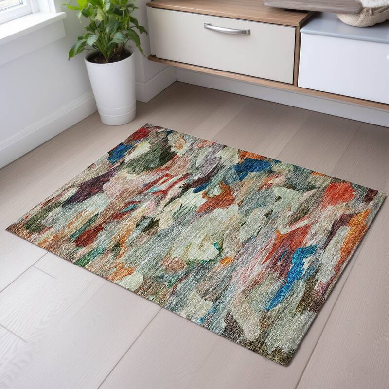 Premium Washable Super Soft Brushstrokes Abstract Mayfield Rug - Green - 1'8" x 2'6"