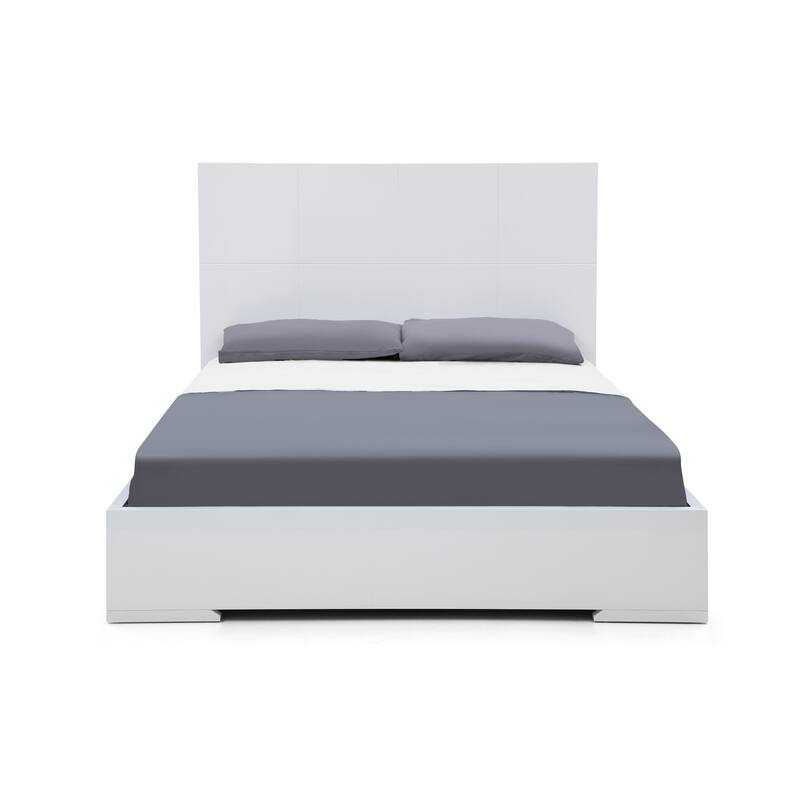 Queen Size Platform Bed - Modern Square Headboard, High Gloss White Finish - Adventure Bed
