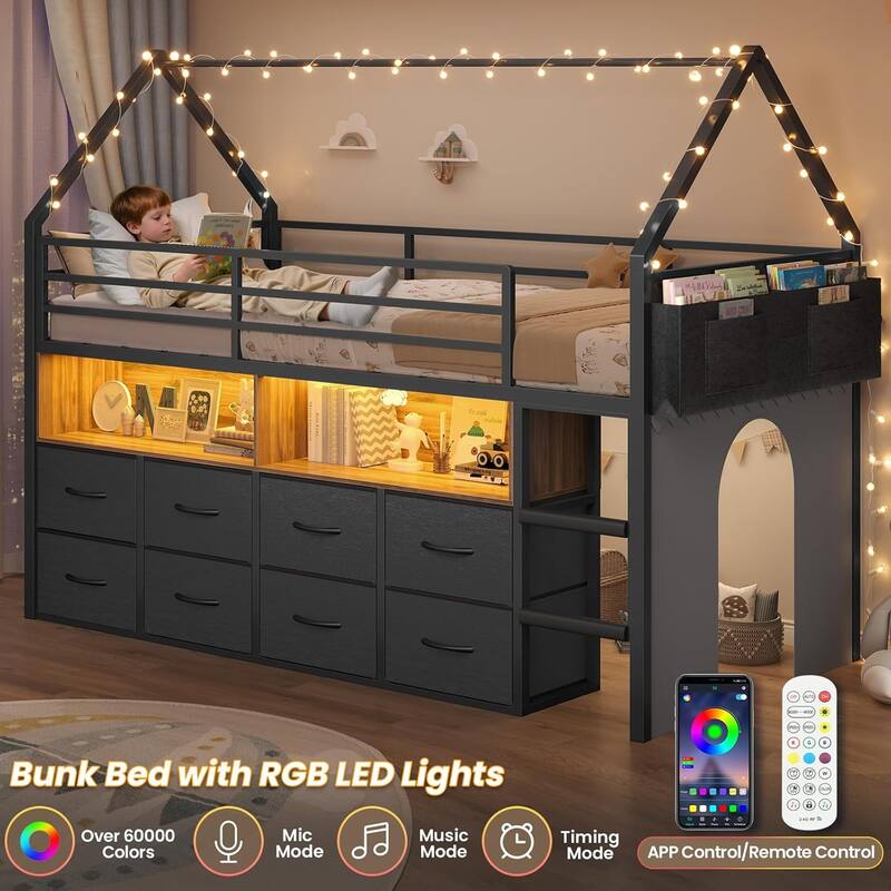 House Low Loft Bed Twin Size Storage Drawers Bookcase LED Lights